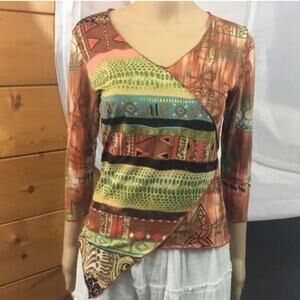 Caia Womens M Long Sleeve Wrap Artisan Pullover Top Asymmetrical Art to wear VTG